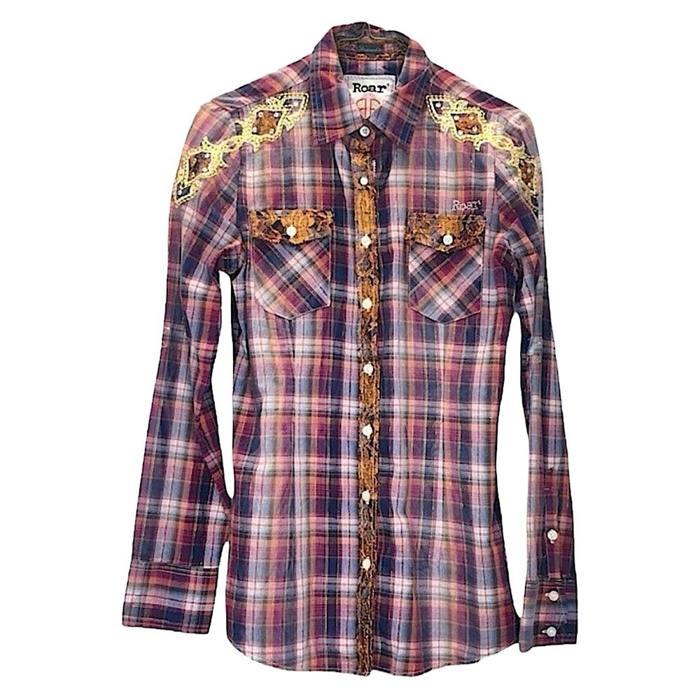 Roar Plaid Embellished Rhinestones Snaps Western Bling Shirt Top Women’s Medium